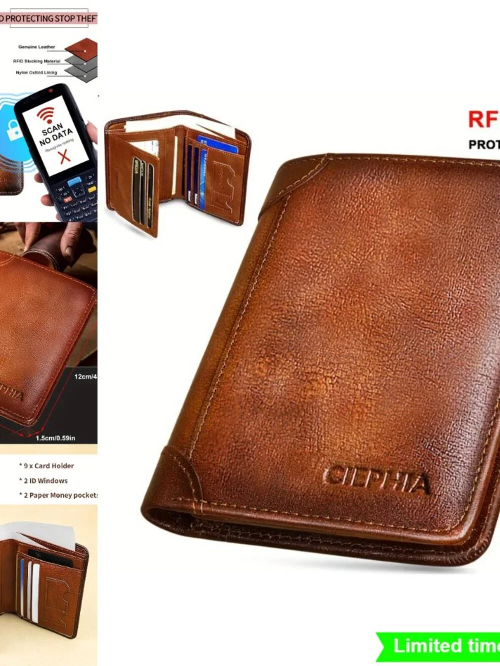 RFID Leather Wallet Trifold Money Clip Men Fathers Day Gift